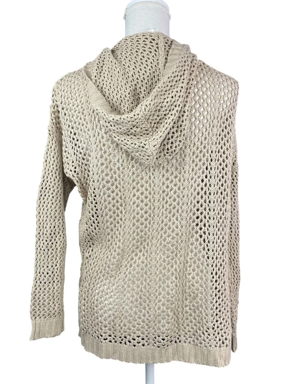 Open Knit Hooded Cardigan S Taupe Lagenlook Boho Bohemian Long Sleeve Open Front